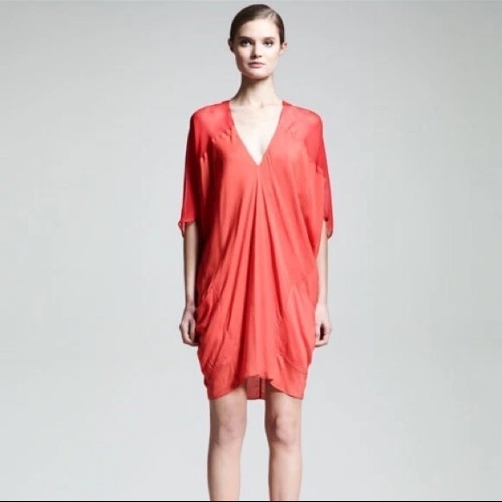 EUC - Helmut Lang Oasis Draped Voile Chiffon Dress In Anemone (orange) S